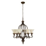 Lampa wisząca Drawing Room w kolorze postarzanym brązie, z sześcioma kloszami w kształcie tulipanów w odcieniu kremowym. Stalowa konstrukcja z dekoracyjnymi detalami, zawieszona na łańcuchu. Idealna do wnętrz w stylu klasycznym.