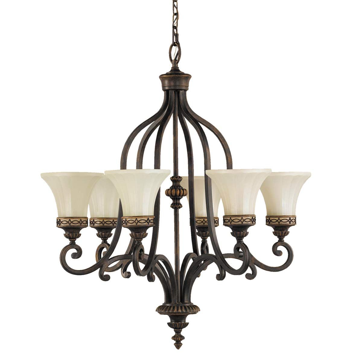 Lampa wisząca Drawing Room w postarzanym brązie z sześcioma kloszami w kształcie kielicha z białego szkła, na ozdobnych mocowaniach. Produkt zawieszony na łańcuchu, z dekoracyjnymi detalami w dolnej części.