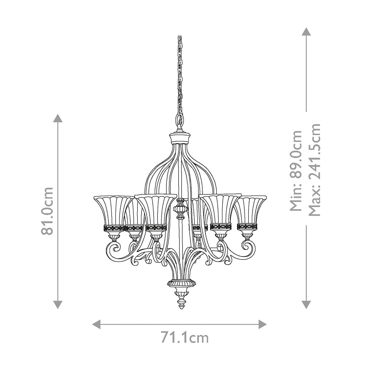 Lampa wisząca Drawing Room w postarzanym brązie, z sześcioma kloszami E27. Wymiary: wysokość 81 cm, średnica 71,1 cm, regulacja wysokości od 89 cm do 241,5 cm. Stylowy design z ozdobnymi detalami i eleganckim kształtem.