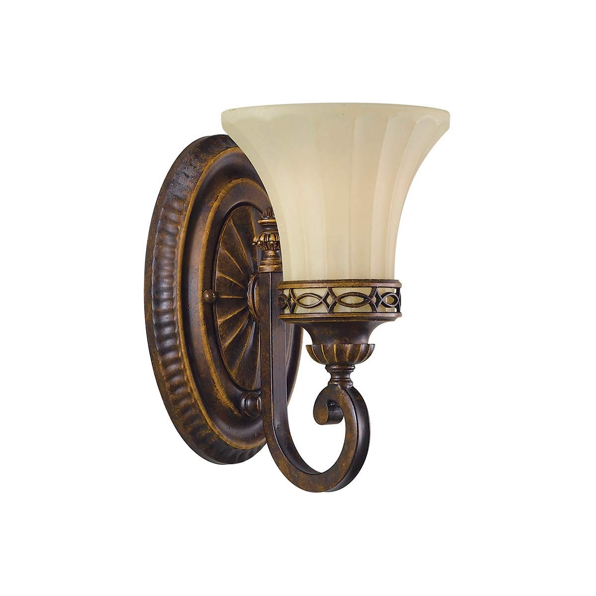 Kinkiet Drawing Room 1xE27 w postarzanym brązie. Owalna, dekoracyjna podstawa z wyraźnym wzorem, z metalowym uchwytem w formie spirali. Szklany klosz w kształcie kwiatu w kolorze mlecznym. Produkt montowany na ścianie, w ujęciu frontalnym.