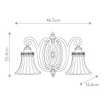 Kinkiet Drawing Room 2xE27 w postarzanym brązie, z dwiema falistymi kloszami. Wymiary: 46,5 cm szerokości, 25,4 cm wysokości, 16,6 cm głębokości. Stylowy design z ozdobnymi detalami i eleganckim wykończeniem.