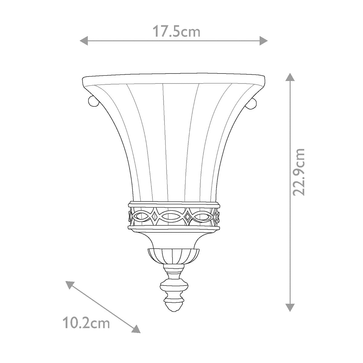 Kinkiet Drawing Room U, postarzany brąz, o wymiarach 17,5 cm szerokości, 10,2 cm głębokości i 22,9 cm wysokości. Posiada dekoracyjny wzór u podstawy oraz zaokrąglony klosz, montowany na ścianie. Idealny do wnętrz w stylu klasycznym.