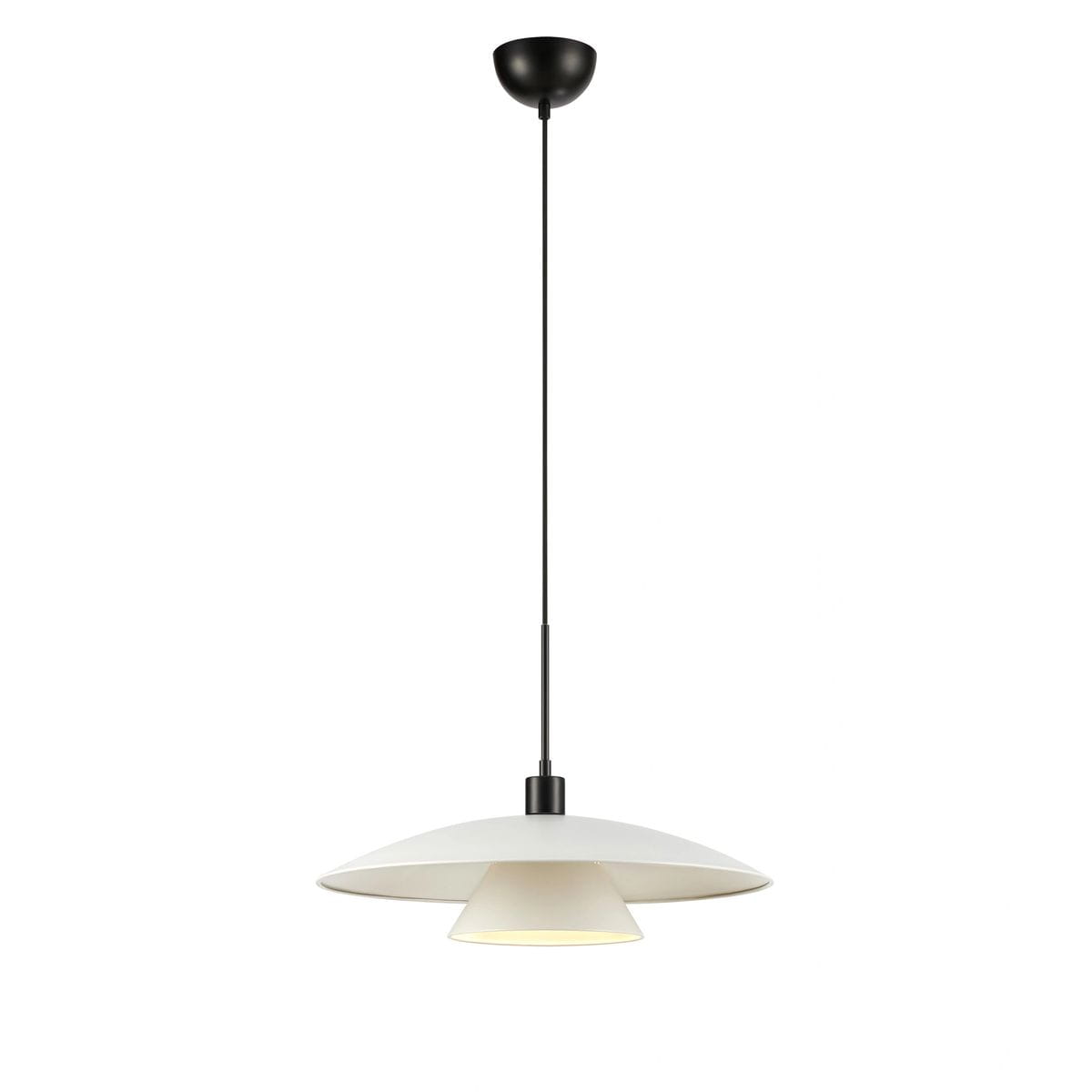 Lampa wisząca Millinge w kolorze czarnym i białym z jednym gniazdem E27. Posiada dwa stożkowate klosze, zewnętrzny biały i wewnętrzny czarny, zawieszona na cienkim, czarnym kablu. Montaż sufitowy, minimalistyczny design.