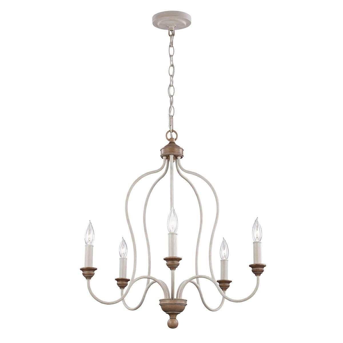 Lampa wisząca Hartsville w kolorze kredowej bieli z pięcioma ramionami, wykonana z metalu. Okrągły sufitowy uchwyt oraz dekoracyjne detale w odcieniu drewna. Stylizowane klosze w formie świec, zawieszenie na łańcuchu.