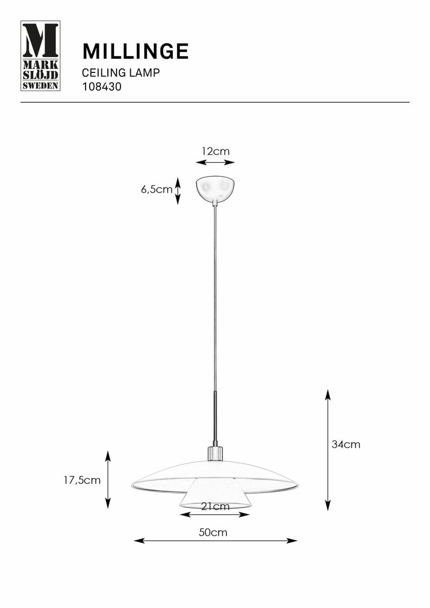 Czarna lampa wisząca Millinge z jednym gniazdem E27, o średnicy 50 cm i wysokości 34 cm. Posiada płaską, okrągłą podstawę oraz dwupoziomowy klosz. Zawieszona na metalowym przewodzie, idealna do nowoczesnych wnętrz.