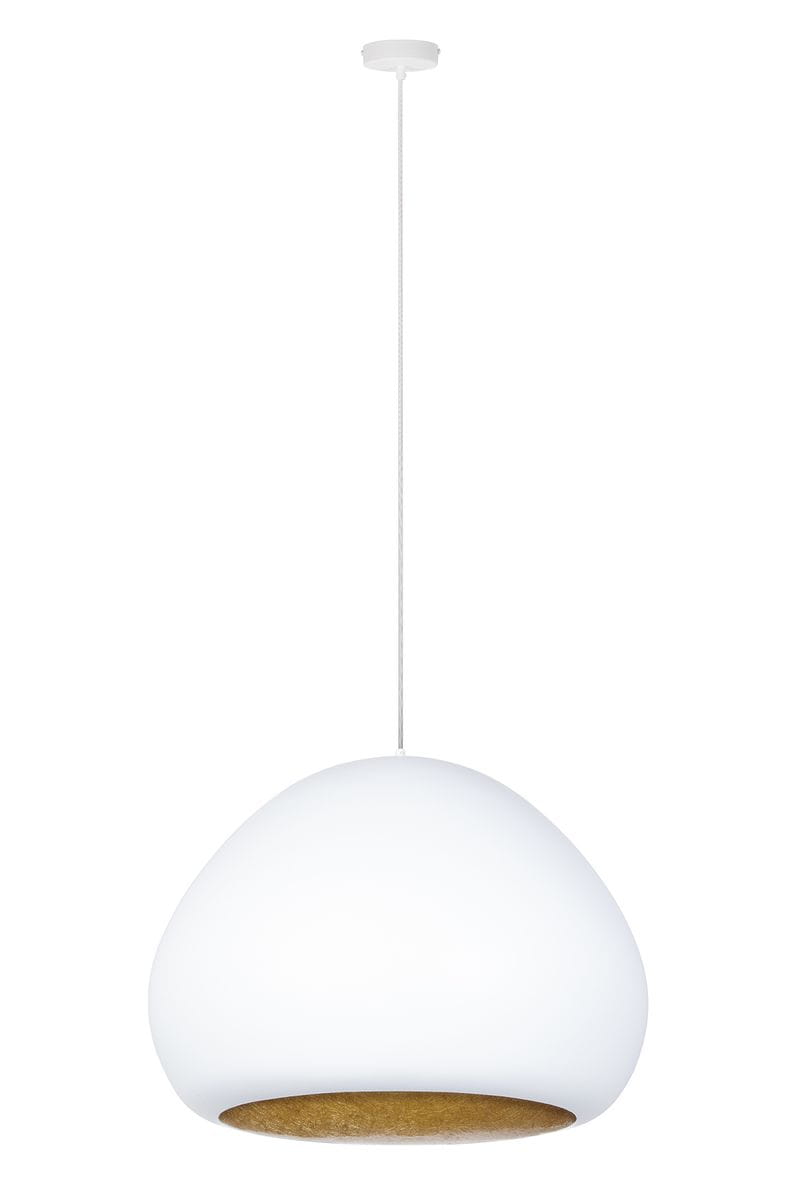 Lava D52 lampa wisząca z białym kloszem w kształcie muszli, z wewnętrzną złotą powierzchnią. Zawieszona na białym przewodzie, idealna do nowoczesnych wnętrz. Kąt ujęcia frontalny, produkt widoczny na jednolitym tle.