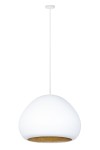 Lava D52 lampa wisząca z białym kloszem w kształcie muszli, z wewnętrzną złotą powierzchnią. Zawieszona na białym przewodzie, idealna do nowoczesnych wnętrz. Kąt ujęcia frontalny, produkt widoczny na jednolitym tle.
