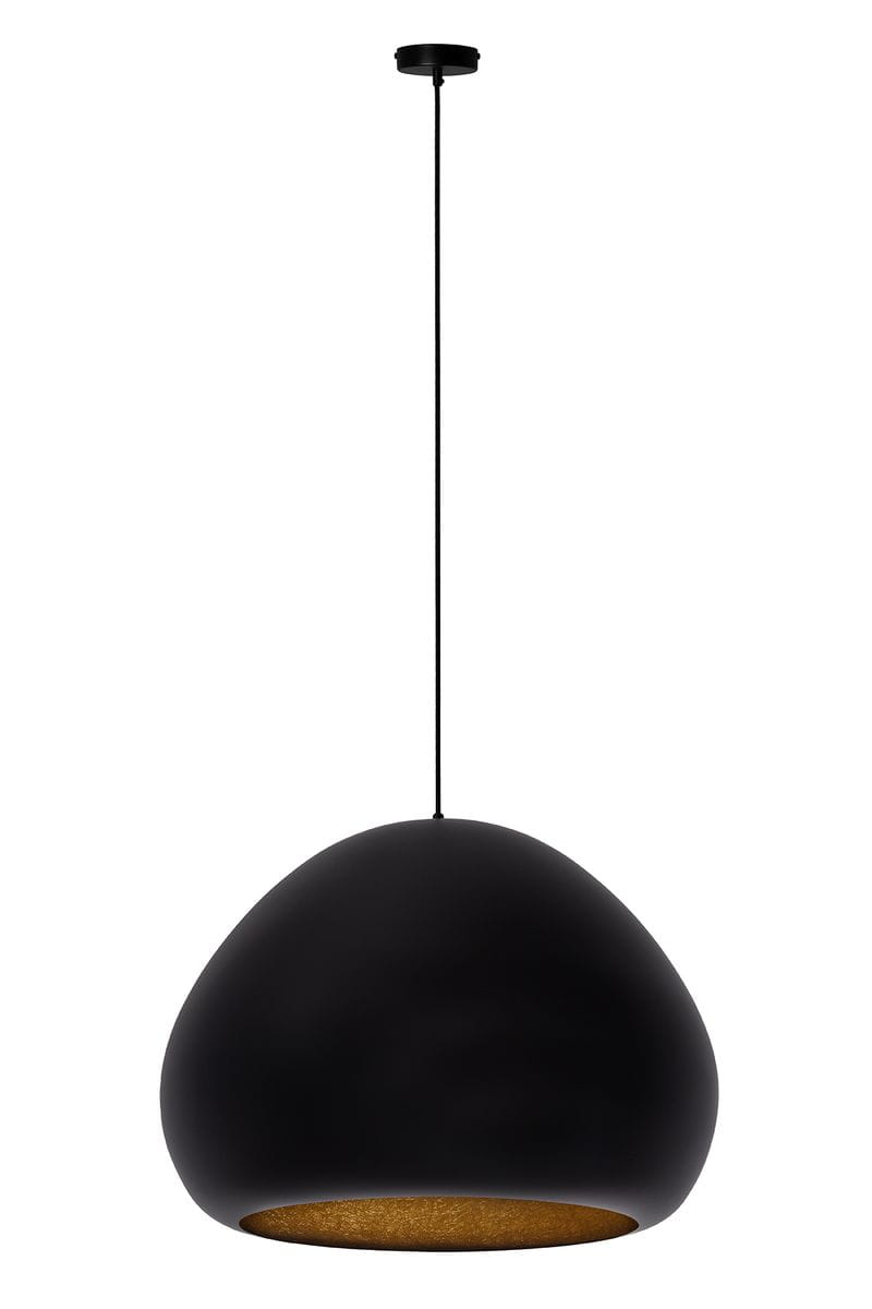 Czarna lampa wisząca Lava D52 z jednym gniazdem E27, o zaokrąglonym kształcie i matowej powierzchni. Wnętrze klosza w kolorze złotym, zawieszona na cienkim przewodzie, widok frontalny. Idealna do nowoczesnych wnętrz.