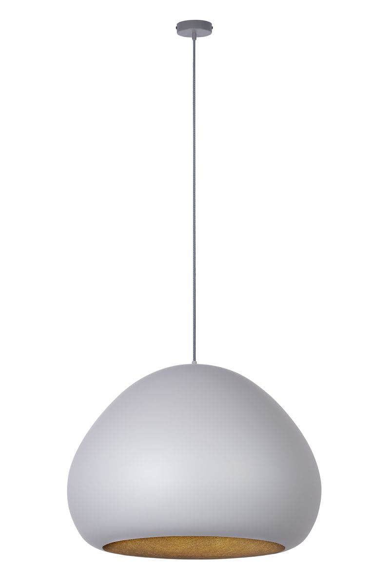 Lampa wisząca Lava D52 w kolorze szarym z złotym wnętrzem, o opływowym kształcie. Zawieszona na cienkim przewodzie, idealna do nowoczesnych aranżacji. Wymaga żarówki E27.