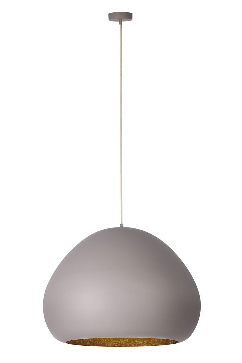 Lampa wisząca Lava D52 w kolorze taupe z złotym wnętrzem, o kształcie przypominającym kulę. Ujęcie frontalne, zawieszona na cienkim przewodzie. Idealna do nowoczesnych wnętrz. E27, 1 źródło światła.