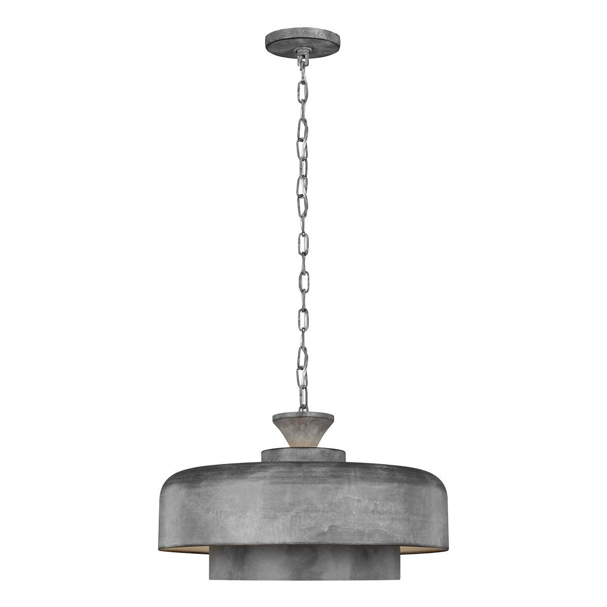 Lampa wisząca Haymarket z postarzanym cynku, z jednym gniazdem E27. Ma okrągły, lekko zaokrąglony klosz o szarej teksturze, zawieszona na metalowym łańcuchu. Prosta podstawa mocująca do sufitu.