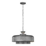 Lampa wisząca Haymarket z postarzanym cynku, z jednym gniazdem E27. Ma okrągły, lekko zaokrąglony klosz o szarej teksturze, zawieszona na metalowym łańcuchu. Prosta podstawa mocująca do sufitu.