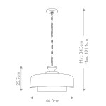 Lampa wisząca Haymarket o średnicy 46 cm i wysokości 25,7 cm, wykonana z postarzanym cynku, zawieszona na łańcuchu. Możliwość regulacji wysokości od 34,3 cm do 191,1 cm. Prosty, industrialny design.