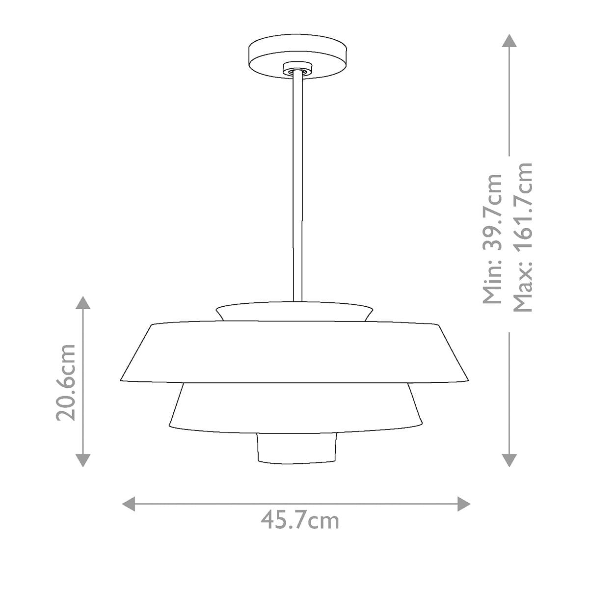 Lampa wisząca Brisbin 1xE27 w kolorze białym, o średnicy 45,7 cm i wysokości regulowanej od 39,7 cm do 161,7 cm. Posiada trzy warstwy klosza, tworzące nowoczesny design. Montowana na metalowym stelażu.