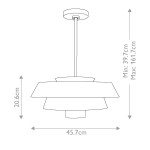 Lampa wisząca Brisbin 1xE27 w kolorze białym, o średnicy 45,7 cm i wysokości regulowanej od 39,7 cm do 161,7 cm. Posiada trzy warstwy klosza, tworzące nowoczesny design. Montowana na metalowym stelażu.