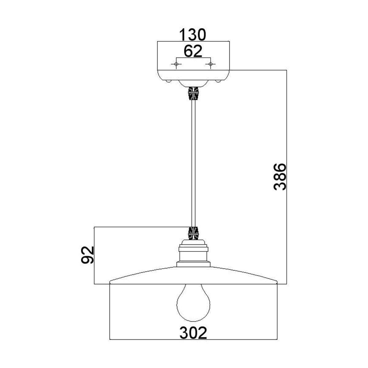 Lampa wisząca Urban Renewal w rustykalnym mosiądzu, z pojedynczym gniazdem E27. Ujęcie frontalne, widoczny klosz o średnicy 302 mm oraz długość zwisu 386 mm. Prosty, elegancki design z metalowym wykończeniem. Wymiary mocowania: 130x62 mm.