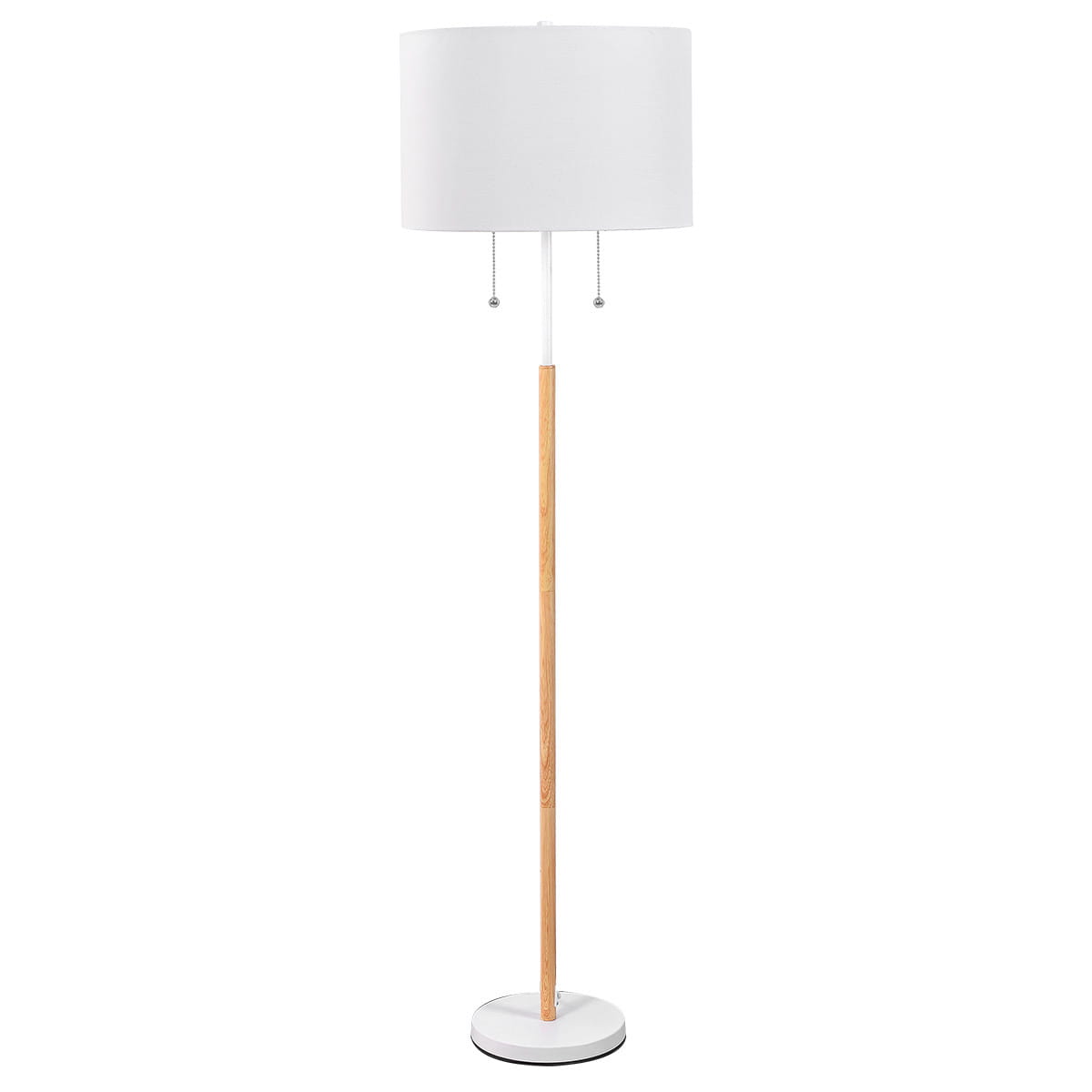 Lampa podłogowa Fogo 2xE27 w kolorze białym, z okrągłą podstawą, drewnianym stelażem i tekstylnym kloszem. Wyposażona w dwa metalowe łańcuszki do włączania. Stojąca, z minimalistycznym designem, idealna do nowoczesnych wnętrz.