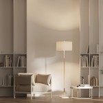 Biała lampa podłogowa Fogo LP-0304/2F WH z dwoma oprawami E27. Wyposażona w okrągły klosz i metalowy stelaż, stojąca obok beżowego fotela w minimalistycznym wnętrzu z regałem pełnym książek. Światło rzuca delikatny cień na ścianę.