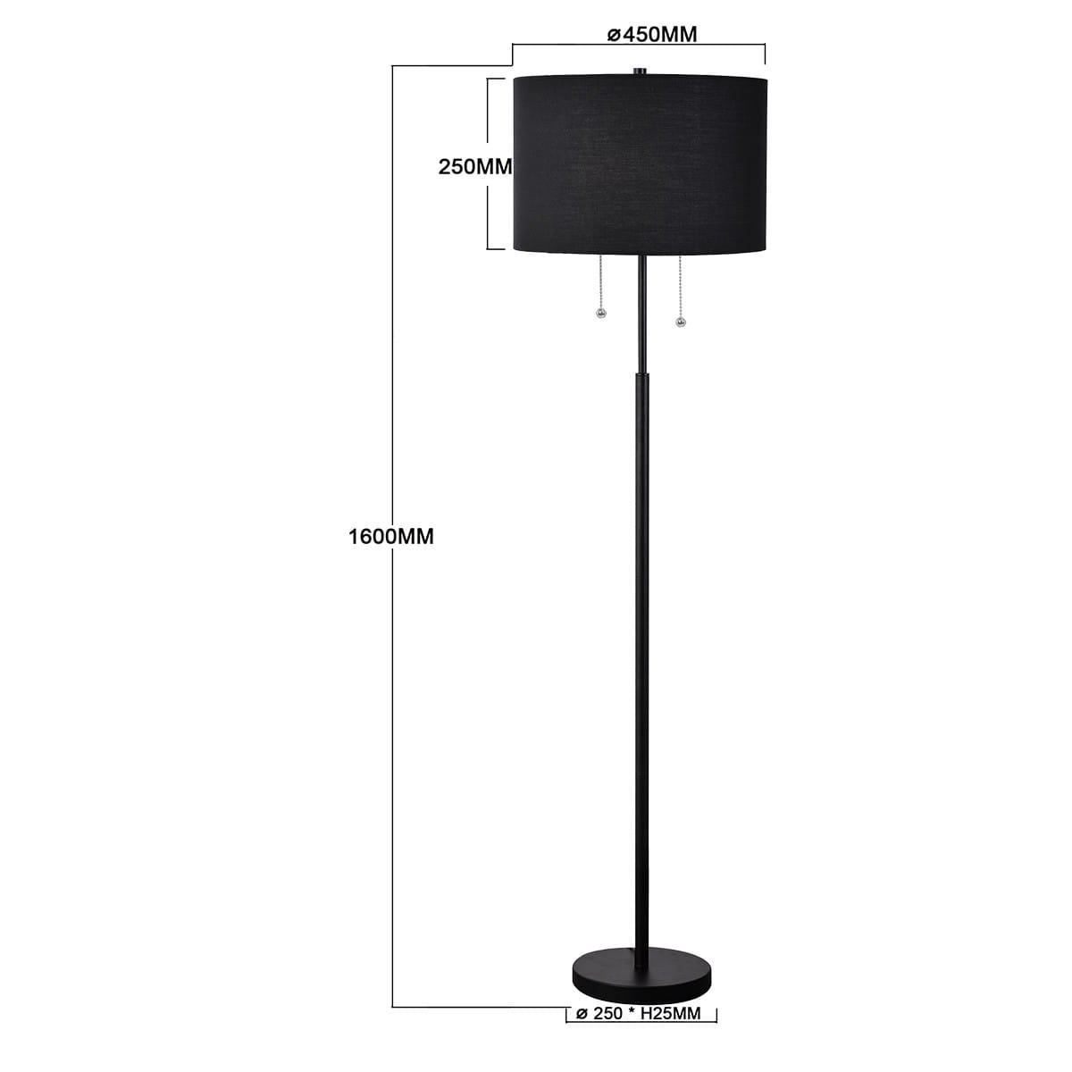 Czarna lampa podłogowa Fogo z dwoma gniazdami E27, o wysokości 1600 mm i średnicy klosza 450 mm. Prosta konstrukcja z metalowym stelażem i okrągłą podstawą. Klosz o wysokości 250 mm z fakturą tkaniny, z dwoma zawieszkami do regulacji.