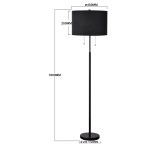 Czarna lampa podłogowa Fogo z dwoma gniazdami E27, o wysokości 1600 mm i średnicy klosza 450 mm. Prosta konstrukcja z metalowym stelażem i okrągłą podstawą. Klosz o wysokości 250 mm z fakturą tkaniny, z dwoma zawieszkami do regulacji.