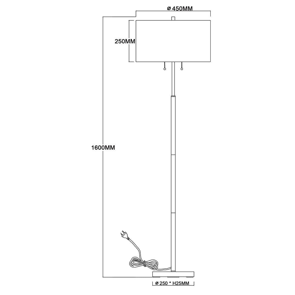Lampa podłogowa Fogo w kolorze czarnym, o wysokości 1600 mm i podstawie 250 mm. Prosty, pionowy kształt z prostokątnym kloszem o średnicy 450 mm. Wyposażona w dwa gniazda E27, z dwoma zwisającymi łańcuszkami. Kabel z wtyczką widoczny u podstawy.