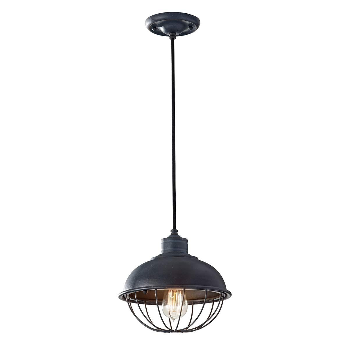 Lampa wisząca Urban Renewal, wykonana z antycznego, kutego żelaza. Okrągła podsufitka i cienki kabel prowadzący do klosza z siatki, w którym znajduje się żarówka E27. Kolor czarny, styl industrialny, idealna do nowoczesnych wnętrz.