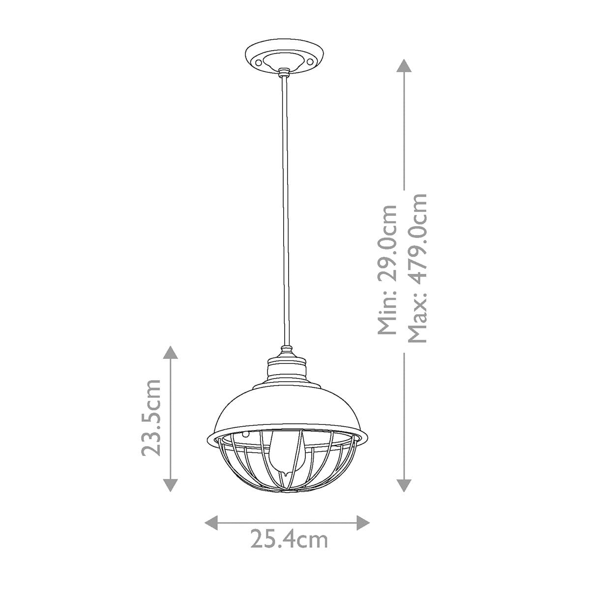 Lampa wisząca Urban Renewal z antycznego kute żelazo, z pojedynczym źródłem światła E27. Okrągła, z kloszem w formie siatki, zawieszona na regulowanym przewodzie. Wymiary: wysokość 23,5 cm, średnica 25,4 cm, długość przewodu 29-479 cm.