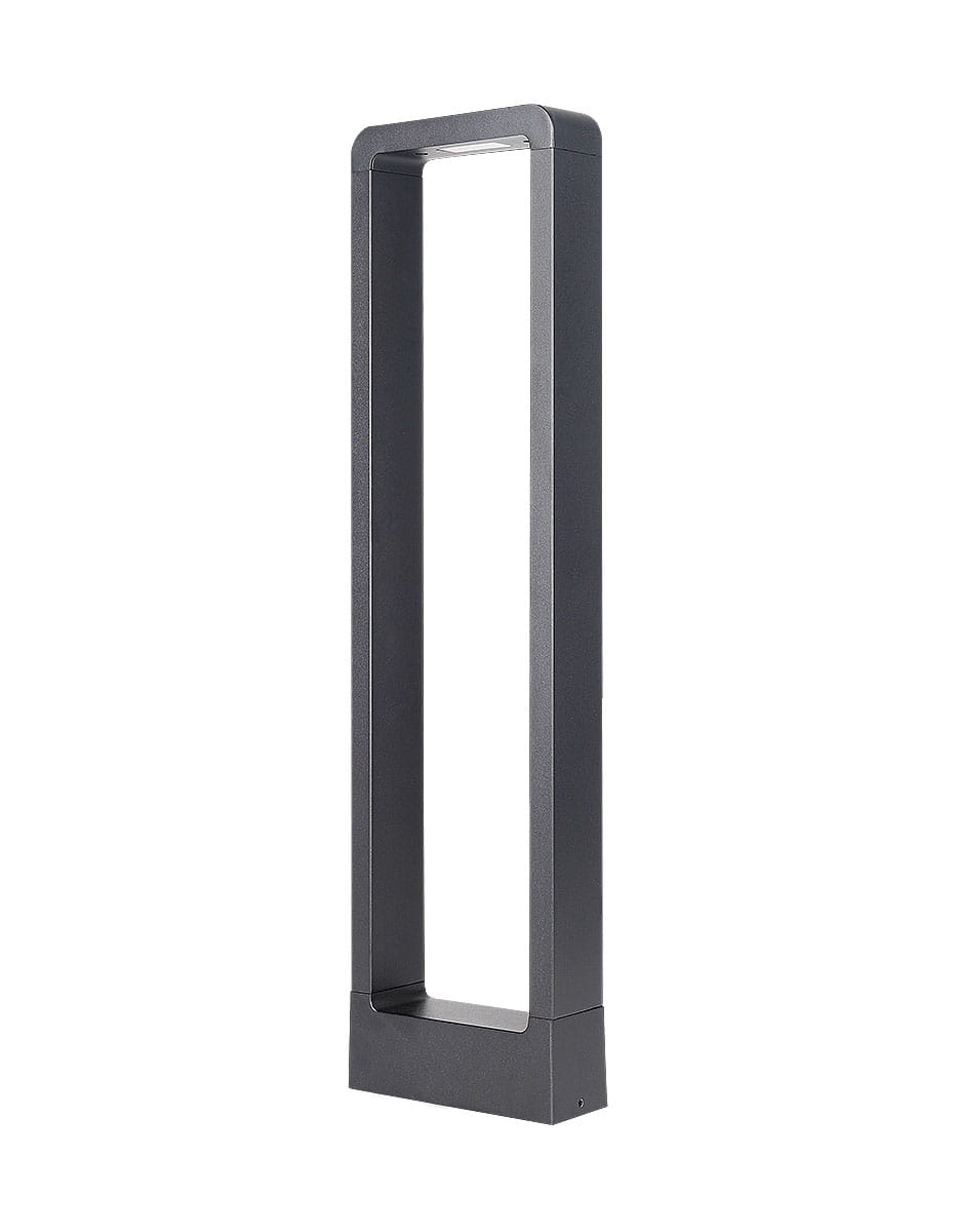 Rio LED H60 to lampa stojąca ogrodowa w kolorze antracytowym. Ma prostokątny kształt z otwartą górą, wykonana z metalu. Ujęcie z boku ukazuje jej minimalistyczny design, idealna do oświetlenia przestrzeni zewnętrznych.