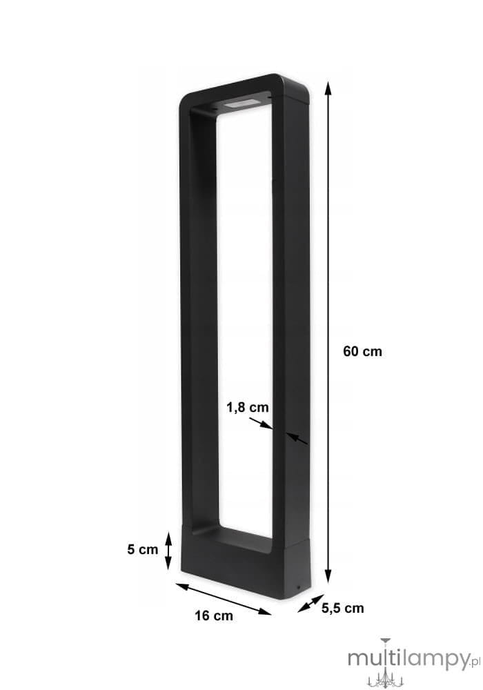 Lampa stojąca ogrodowa Rio LED H60 w kolorze antracytowym, w kształcie prostokątnego słupka o wymiarach 60 cm wysokości, 16 cm szerokości i 5,5 cm głębokości. Posiada minimalistyczny design z wbudowanym źródłem światła.
