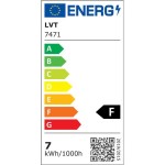 Lampa stojąca ogrodowa Rio LED H80 w kolorze antracytowym, o cylindrycznym kształcie. Ujęcie frontalne, lampa ustawiona pionowo. Widoczna etykieta energetyczna klasy F, z informacjami o zużyciu energii 7 kWh/1000h.