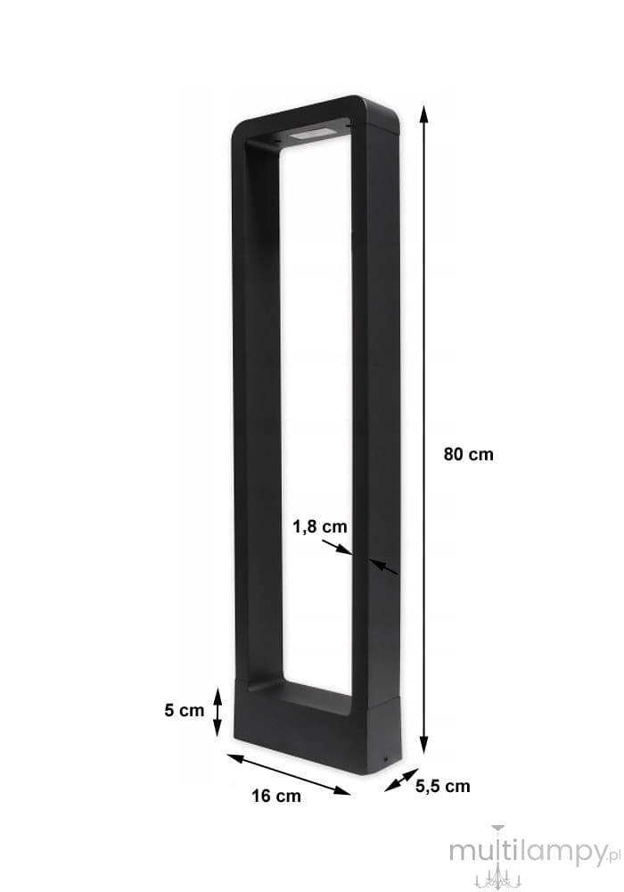 Lampa stojąca ogrodowa Rio LED H80 w kolorze antracytowym, o wymiarach 80 cm wysokości, 16 cm szerokości i 5,5 cm głębokości. Prosty, prostokątny kształt z podświetleniem LED, umieszczona na stabilnej podstawie, w ujęciu frontalnym.