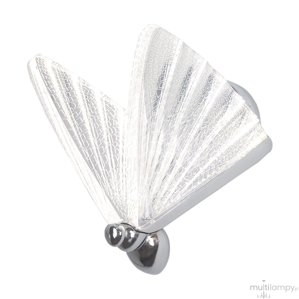 Kinkiet Mariposa z chromowanym wykończeniem, z kloszem w kształcie rozwiniętych skrzydeł, wykonanym z przezroczystego materiału z teksturą. Produkt montowany na ścianie, z wbudowanym źródłem światła LED o mocy 8W.