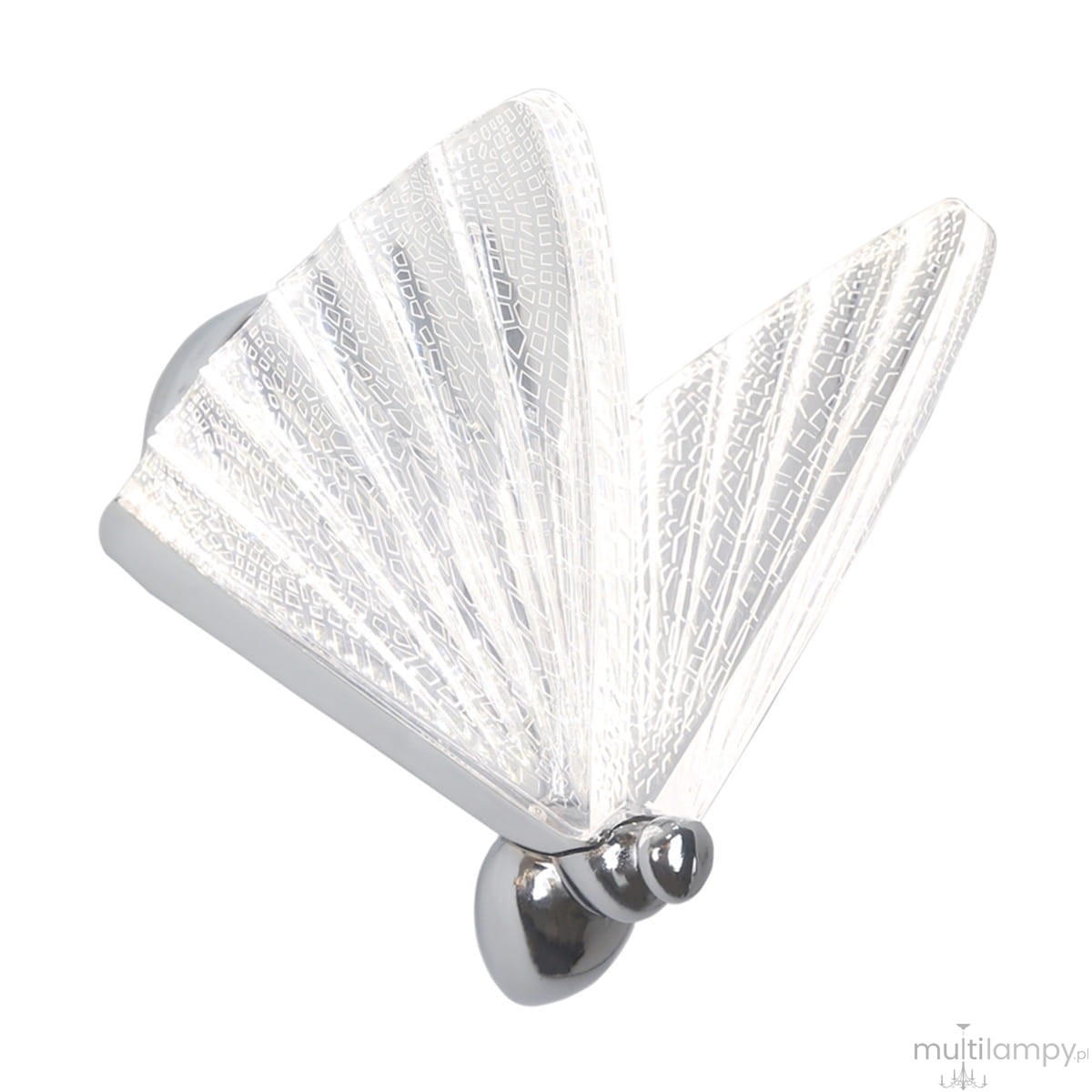 Kinkiet Mariposa 1xLED/8W w kolorze chromowym, z przezroczystymi, teksturowanymi kloszami przypominającymi skrzydła motyla. Produkt zamontowany na ścianie, z widocznym detalem wykończenia.
