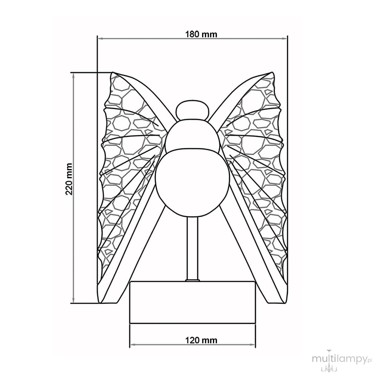 Kinkiet Mariposa w kształcie motyla, chromowany. Wymiary: 220 mm wysokości, 180 mm szerokości, 120 mm głębokości. Oświetlenie LED 8W, z dekoracyjnymi skrzydłami o teksturze. Produkt zamontowany na podstawie.