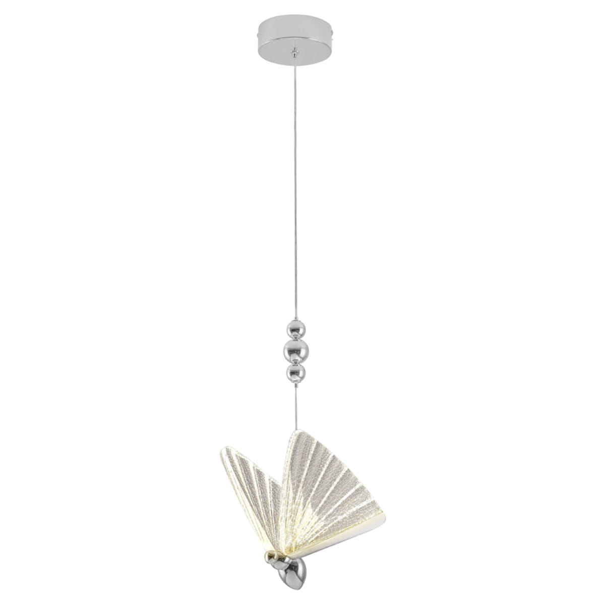 Lampa wisząca Mariposa z chromowaną podstawą, zawieszona na cienkim przewodzie. Oświetlenie LED 8W w kształcie motyla z fakturą skrzydeł. W górnej części trzy metalowe kulki. Prosty, nowoczesny design na białym tle.