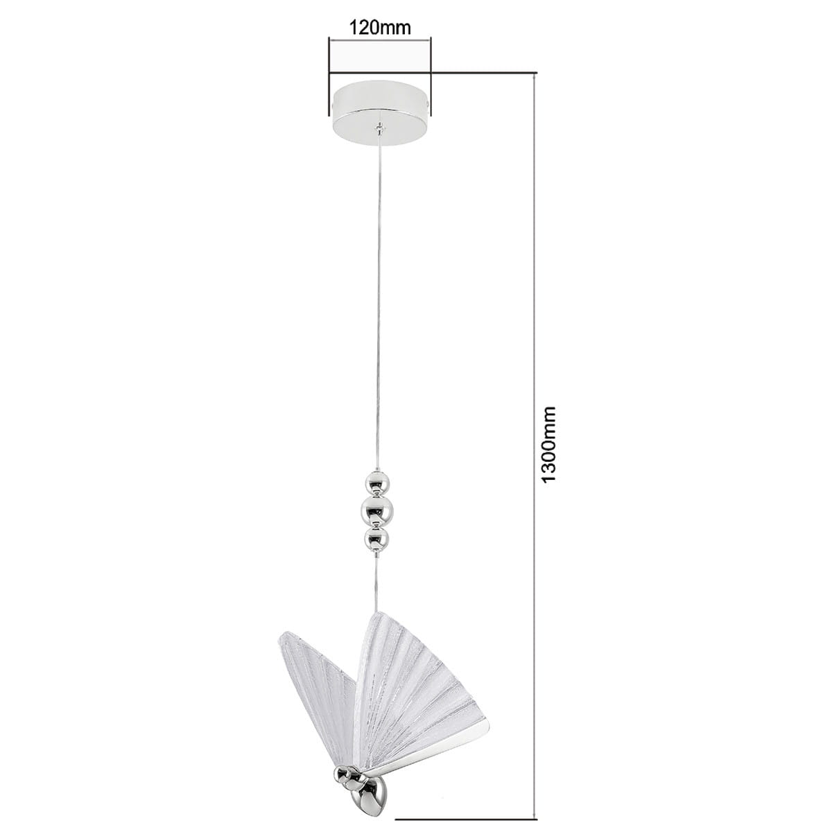 Lampa wisząca Mariposa 1xLED/8W w chromowanej obudowie. Ma kształt motyla z białymi skrzydłami, zawieszona na cienkim przewodzie o długości 1300 mm. Średnica podstawy wynosi 120 mm, lampa posiada dekoracyjne, chromowane kulki.