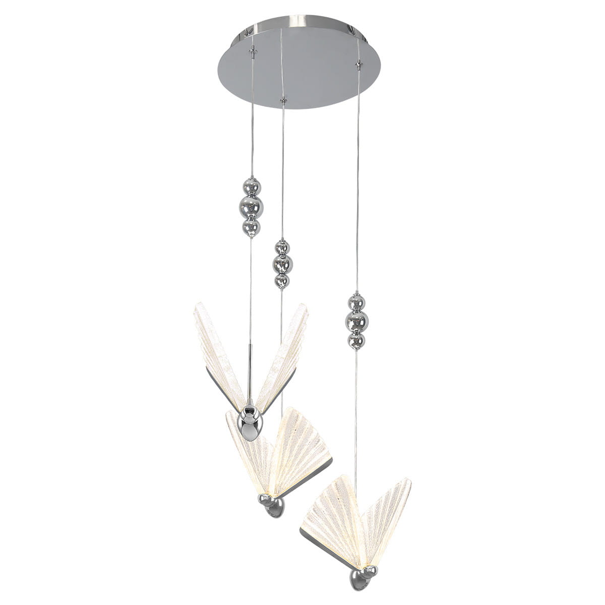 Lampa wisząca Mariposa z trzema źródłami LED (24W), chromowana. Posiada trzy stylizowane klosze w kształcie skrzydeł owadów, zawieszone na cienkich przewodach, z chromowanym sufitem i dekoracyjnymi kulkami.