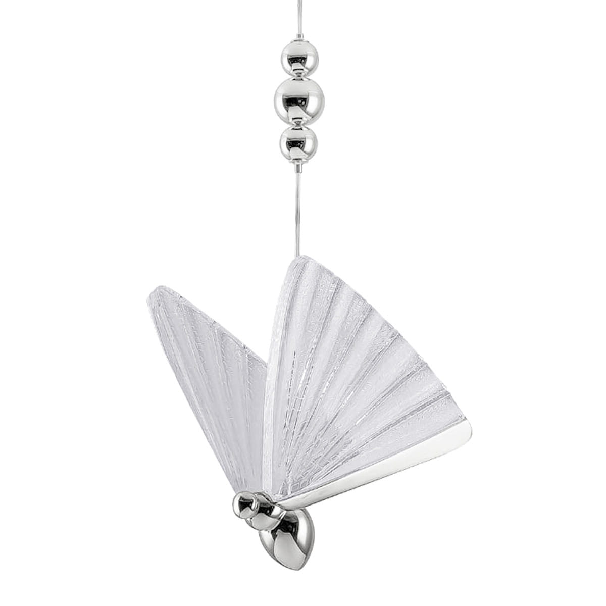 Lampa wisząca Mariposa z trzema źródłami LED o mocy 24W, chromowana. Posiada szklane klosze w kształcie rozwiniętych skrzydeł, z teksturowaną powierzchnią. Zawieszona na cienkim przewodzie z metalowymi kulkami.