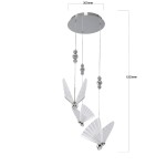 Lampa wisząca Mariposa z trzema skrzydłami w kształcie motyli, wykonana z białego materiału i chromowanego metalu. Wymiary: średnica 300 mm, długość 1200 mm. Elementy ozdobne to chromowane kulki. Produkt zawiera 3xLED/24W.