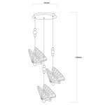 Lampa wisząca Mariposa z trzema kloszami w kształcie motyli, wykonana z metalu w chromowanym wykończeniu. Klosze zawieszone na cienkich linkach, z dekoracyjnymi kulkami. Wymiary: średnica 300 mm, wysokość 1200 mm.