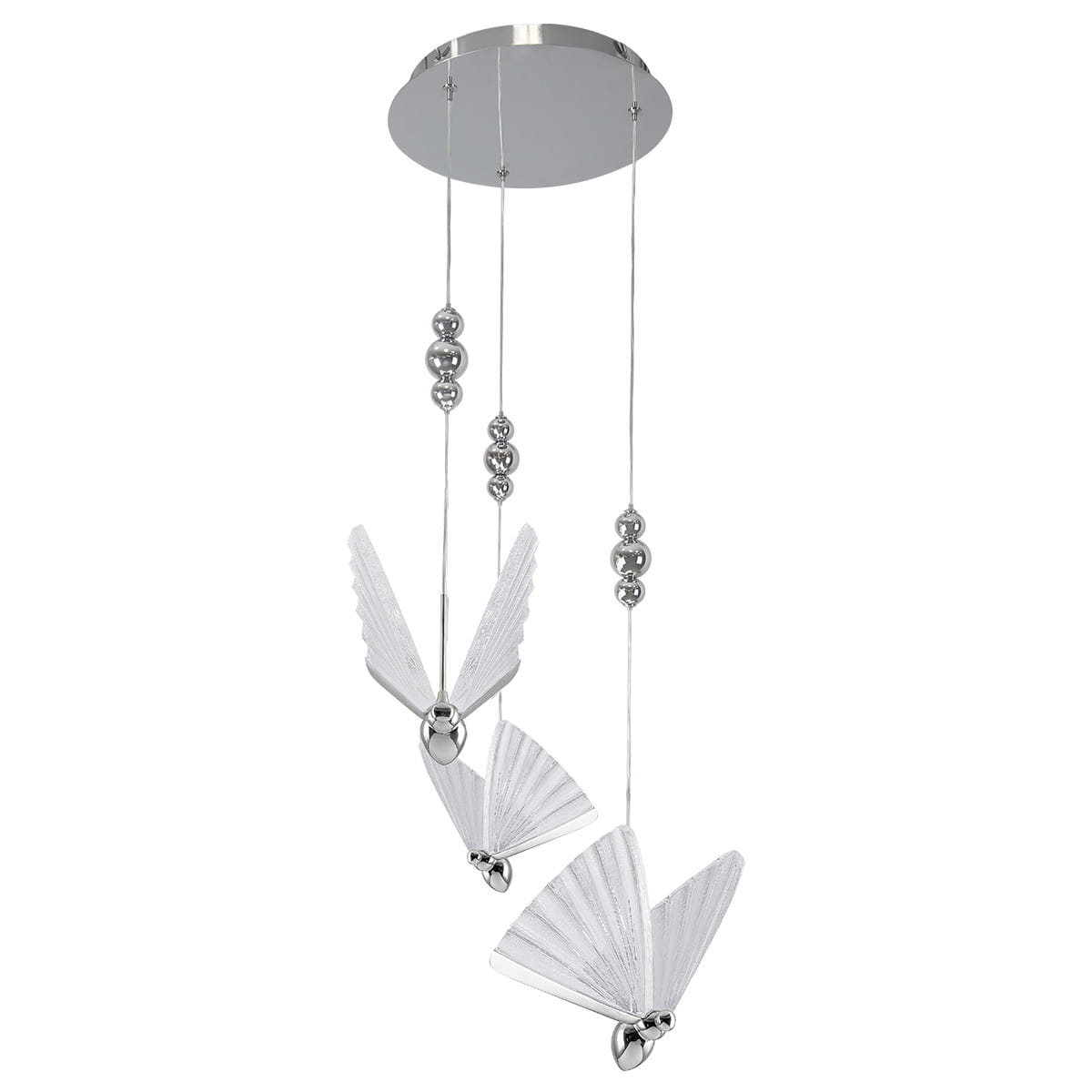Lampa wisząca Mariposa z trzema źródłami LED 24W w chromowanej obudowie. Posiada trzy przezroczyste klosze w kształcie motyli z wyraźnym wzorem. Zawieszona na cienkich linkach, z dekoracyjnymi kulkami, prezentuje nowoczesny design.