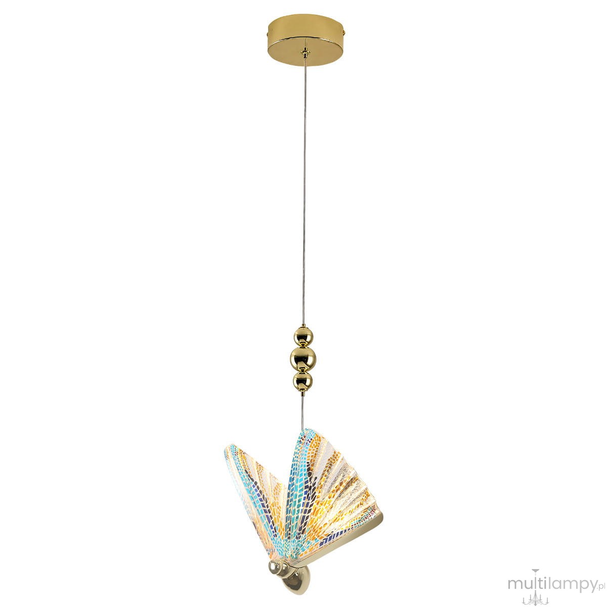 Lampa wisząca Mariposa z jednym źródłem światła LED 8W, w kolorze złotym. Posiada dekoracyjny klosz w kształcie motyla z kolorowymi akcentami oraz metalowy element montażowy. Zawieszona na cienkim kablu, prezentuje nowoczesny design.