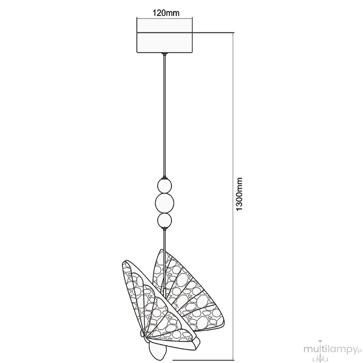 Lampa wisząca Mariposa z jedną żarówką LED 8W, w złotym kolorze. Zawieszona na długim przewodzie, z dekoracyjnymi skrzydłami motyla o ażurowym wzorze. Wymiary: szerokość 120mm, wysokość 1300mm. Idealna do nowoczesnych wnętrz.