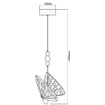 Lampa wisząca Mariposa z jedną żarówką LED 8W, w złotym kolorze. Zawieszona na długim przewodzie, z dekoracyjnymi skrzydłami motyla o ażurowym wzorze. Wymiary: szerokość 120mm, wysokość 1300mm. Idealna do nowoczesnych wnętrz.