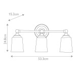Huguenot Lake IP44 kinkiet w polerowanym chromie z trzema kloszami, umieszczony na prostokątnej podstawie. Wymiary: 53,3 cm szerokości, 24,8 cm wysokości, 15,2 cm głębokości. Idealny do łazienek.
