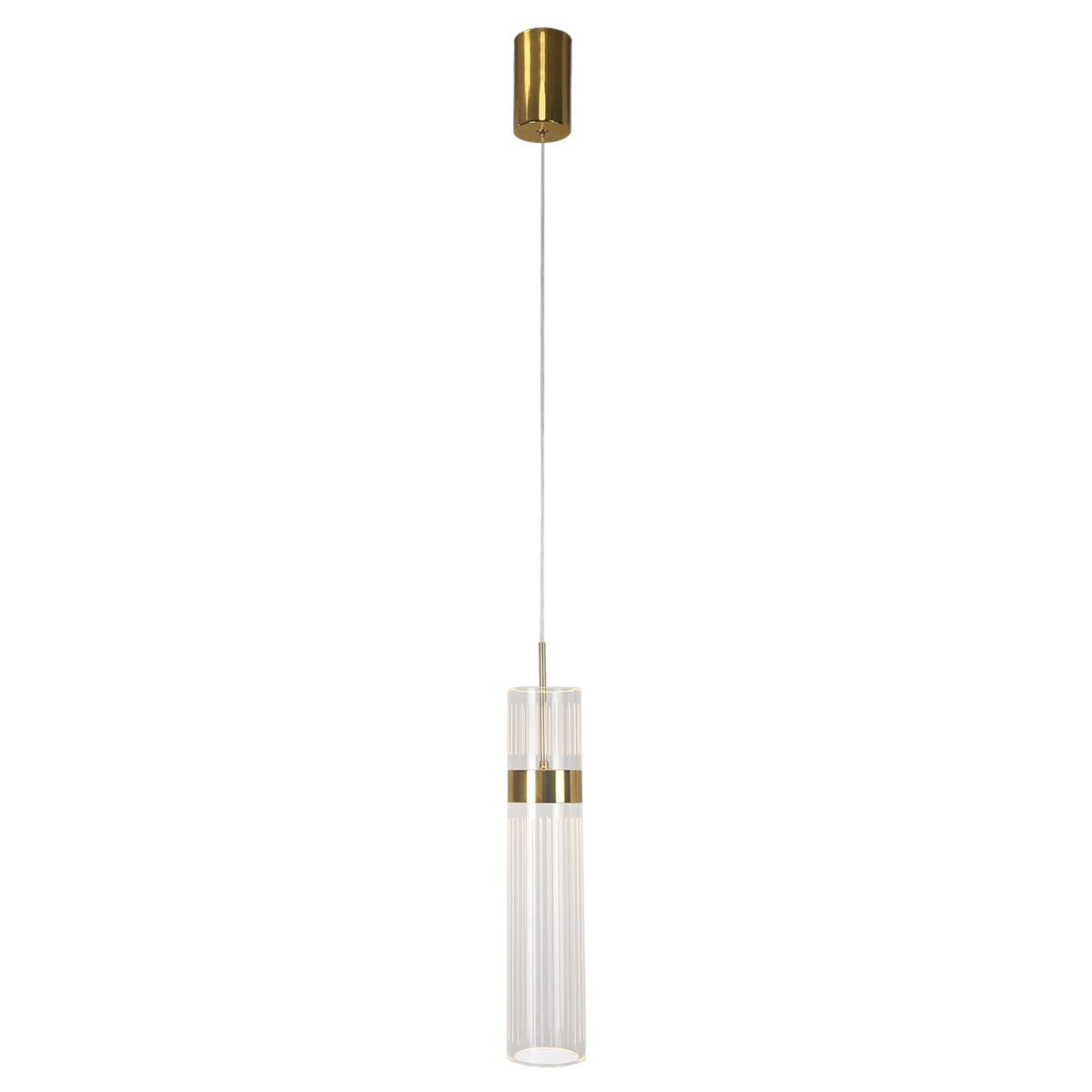 Lampa wisząca Ambiente LP-1510/1P GD z jedną diodą LED 6W w kolorze złotym. Szklany klosz o cylindrycznym kształcie z poziomymi rowkami, zawieszony na cienkim przezroczystym przewodzie. Górna część z metalowym, błyszczącym wykończeniem.