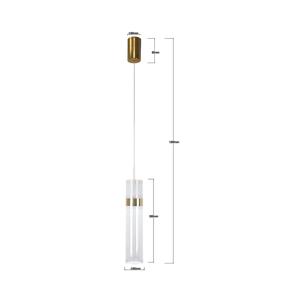 Lampa wisząca Ambiente z jedną diodą LED 6W w złotej oprawie. Wysoka, prostokątna konstrukcja z przezroczystego materiału, zawieszona na cienkim przewodzie. Wymiary: wysokość 1200 mm, średnica 60 mm, długość klosza 250 mm.