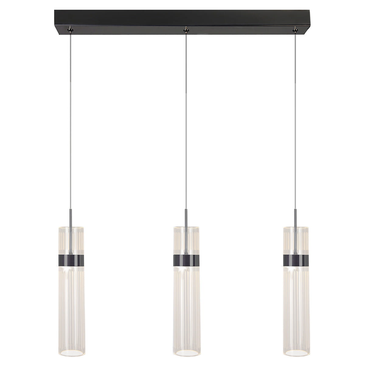 Lampa wisząca Ambiente LP-1510/3L w kolorze grafitowym z trzema kloszami LED. Klosze mają cylindryczny kształt z przezroczystym, żłobkowanym szkłem. Wisi na cienkich metalowych linkach, zamontowana na prostokątnej podstawie.