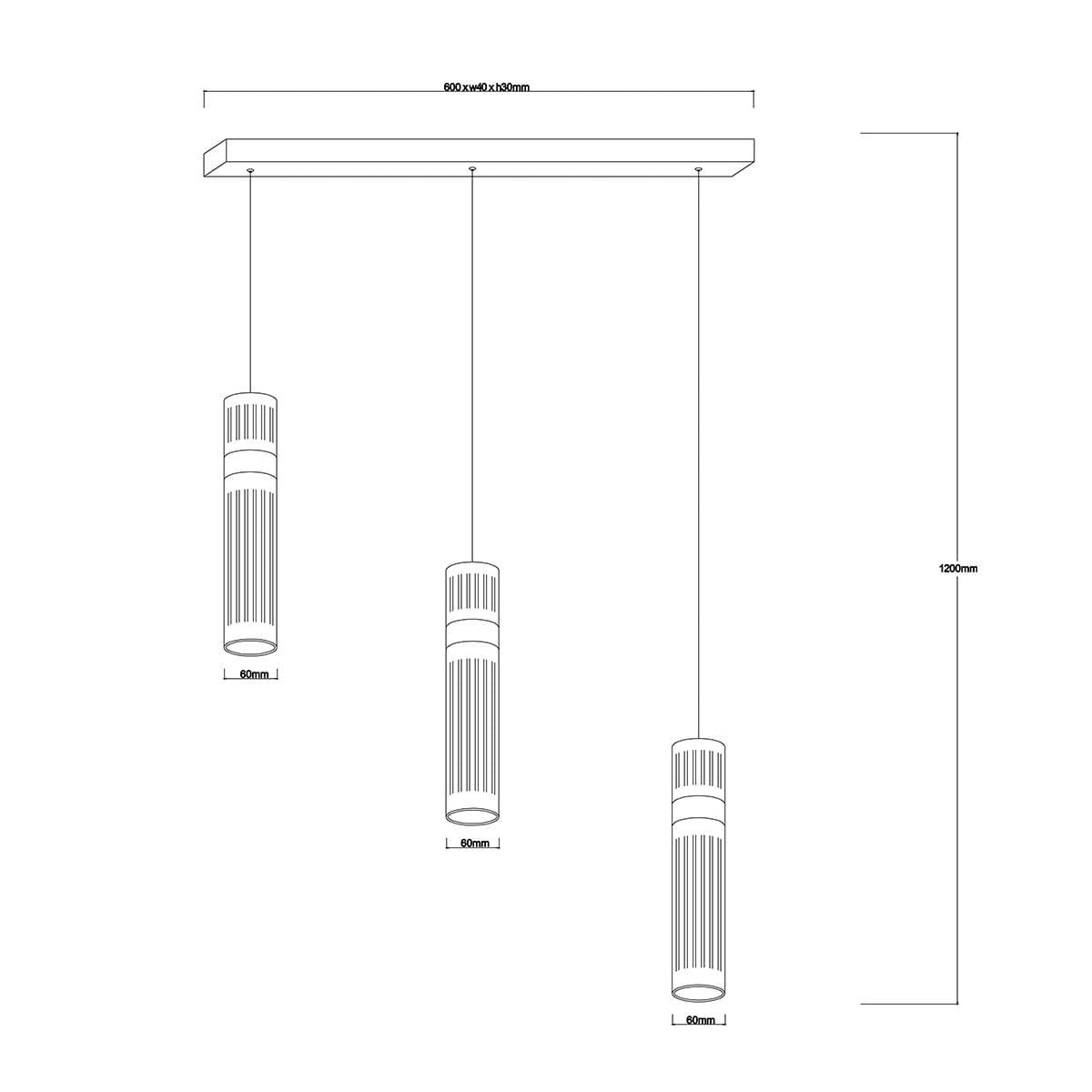Lampa wisząca Ambiente LP-1510/3L w kolorze grafitowym z trzema cylindrycznymi kloszami LED o średnicy 60 mm i wysokości 1200 mm. Utrzymana w nowoczesnym designie, zawieszona na prostokątnej podstawie o wymiarach 600x100x30 mm.