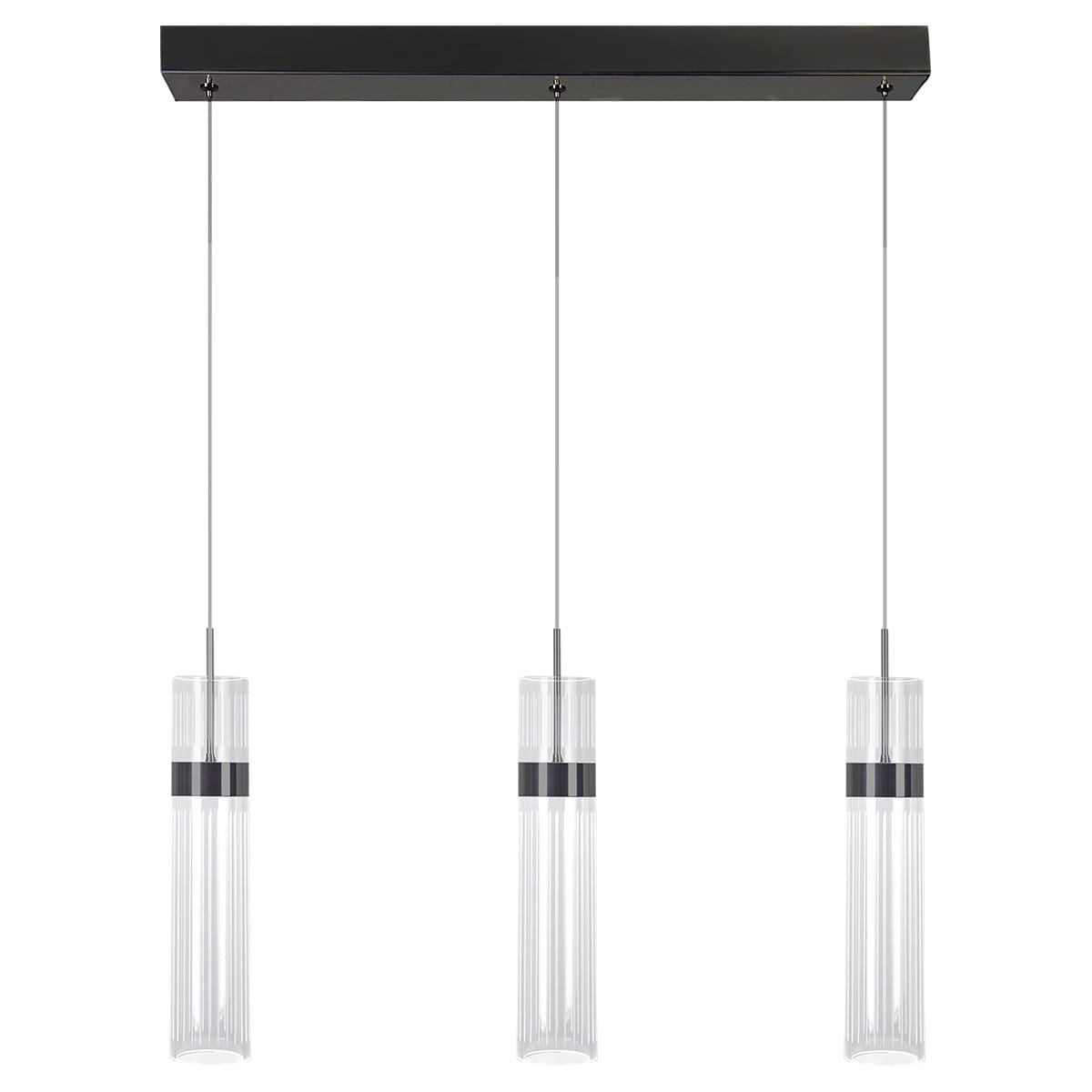 Lampa wisząca Ambiente LP-1510/3L z trzema kloszami LED 18W w kolorze grafitowym. Klosze mają cylindryczny kształt z przezroczystego materiału, zawieszone na cienkich linkach z metalowym mocowaniem. Montaż sufitowy, minimalistyczny design.